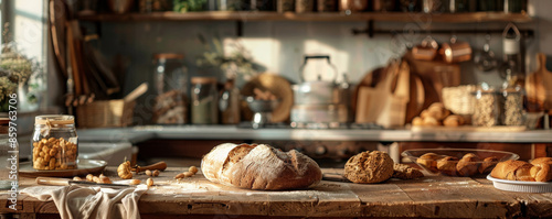 Bread bakery background featuring a farmhouse kitchen with a wooden table, freshly baked bread, jars of ingredients, and a homely, warm atmosphere photo