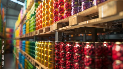 Rows of colorful jars filled with preserved fruits stacked on warehouse shelves, showcasing food storage and inventory management. photo