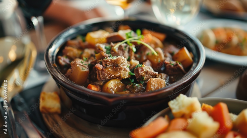 Close up of delicious French classic stew on the table, international and popular food concept. Close up of delicious French classic stew on the table, international and popular food concept.