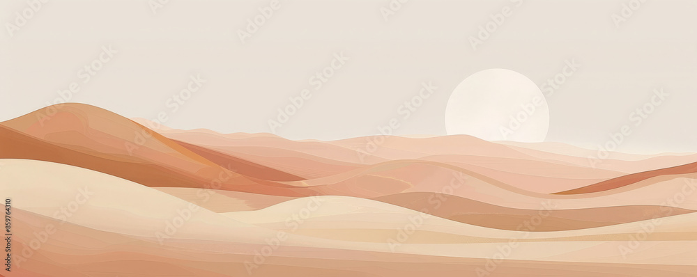 Fototapeta premium Design art background featuring a minimalist desert landscape in warm earth tones, simple lines and soft gradients creating tranquility