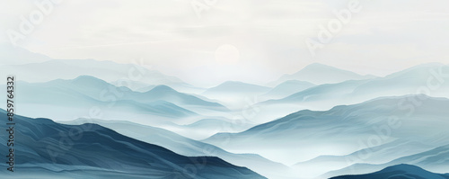 Design art background featuring a serene mountain landscape in shades of grey and blue, minimalist lines and soft gradients adding to the tranquility