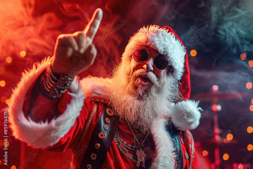 Cool Santa Claus with hard rock Christmas outfit making a heavymetal gesture with his hand