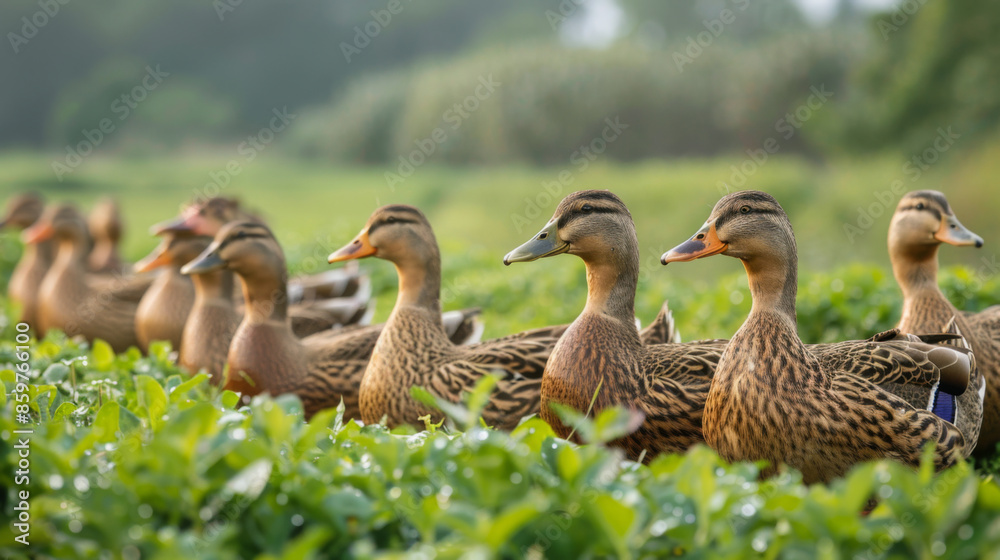 A group of ducks standing in a lush green field, showcasing their natural habitat and behavior. A group of ducks standing in a lush green field, showcasing their natural habitat and behavior.