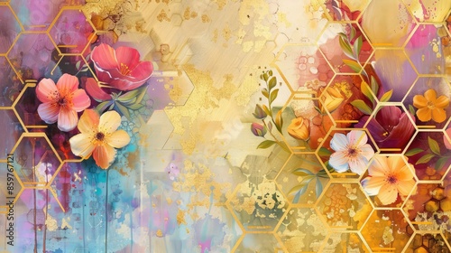 Modern art oil painting with hexagons and abstract florals, golden grain texture.