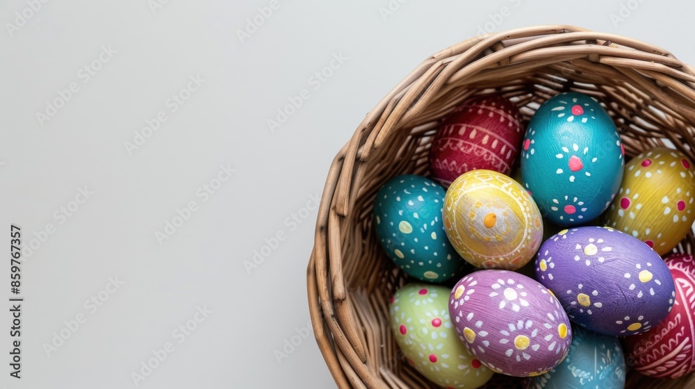 Painted easter eggs closeup inside a basket with copy space on a white background.