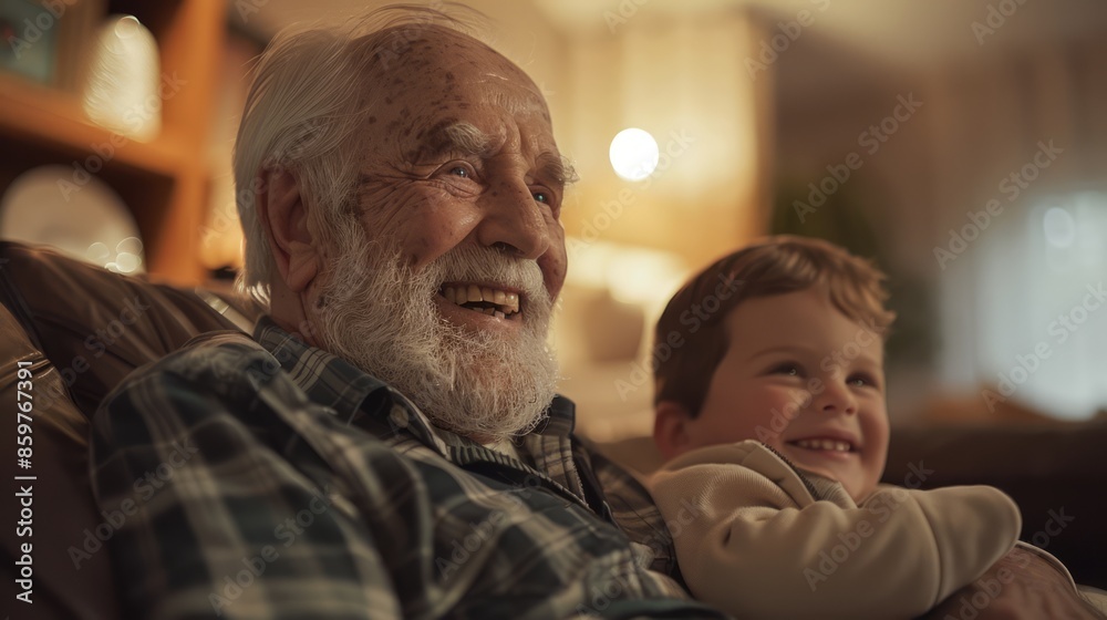 A grandfather smiles happily with his grandson as they play together in the living room.