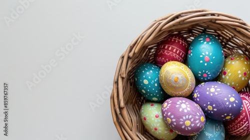 Obraz na płótnie Painted easter eggs closeup inside a basket with copy space on a white background. w salonie