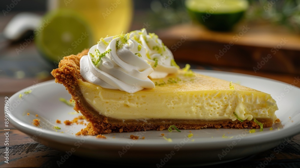 Delicious Key Lime Pie with Whipped Cream and Zesty Peel Close-Up, Horizontal Shot for Food Lovers Delicious Key Lime Pie with Whipped Cream and Zesty Peel Close-Up, Horizontal Shot for Food Lovers