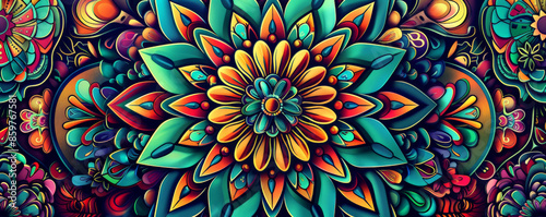 Design art background showcasing a kaleidoscope of bright, psychedelic patterns in contrasting colors, creating a visually stimulating effect
