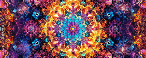 Design art background showcasing a kaleidoscope of bright, psychedelic patterns in contrasting colors, creating a visually stimulating effect
