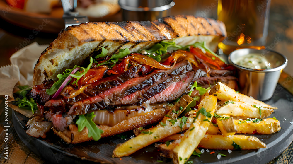 A vibrant steak sandwich platter with a side of fries A vibrant steak sandwich platter with a side of fries
