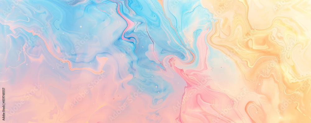Fototapeta premium Marble abstract background featuring soft pastel tones of blue, pink, and yellow. The subtle, fluid patterns create a calm and relaxing atmosphere