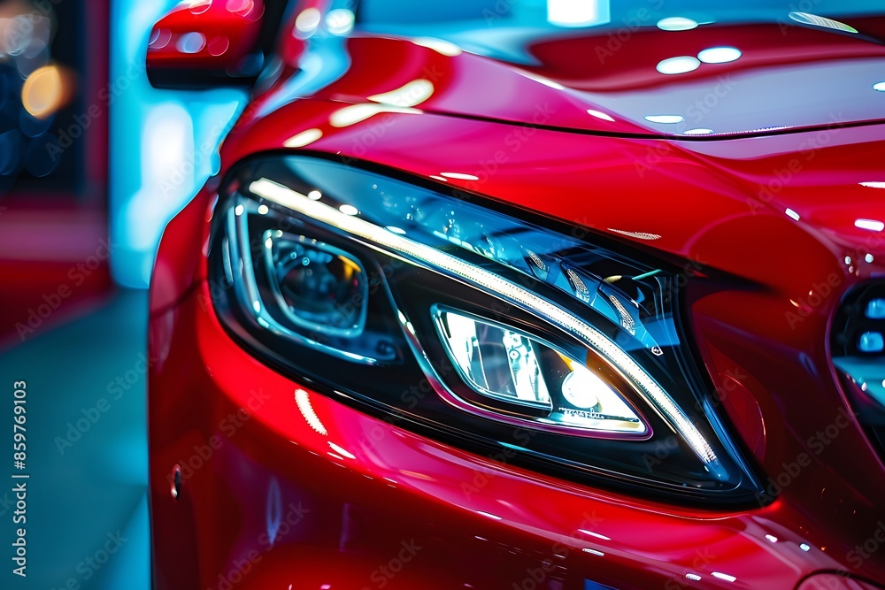 Macro view of car headlight of modern red car Macro view of car headlight of modern red car