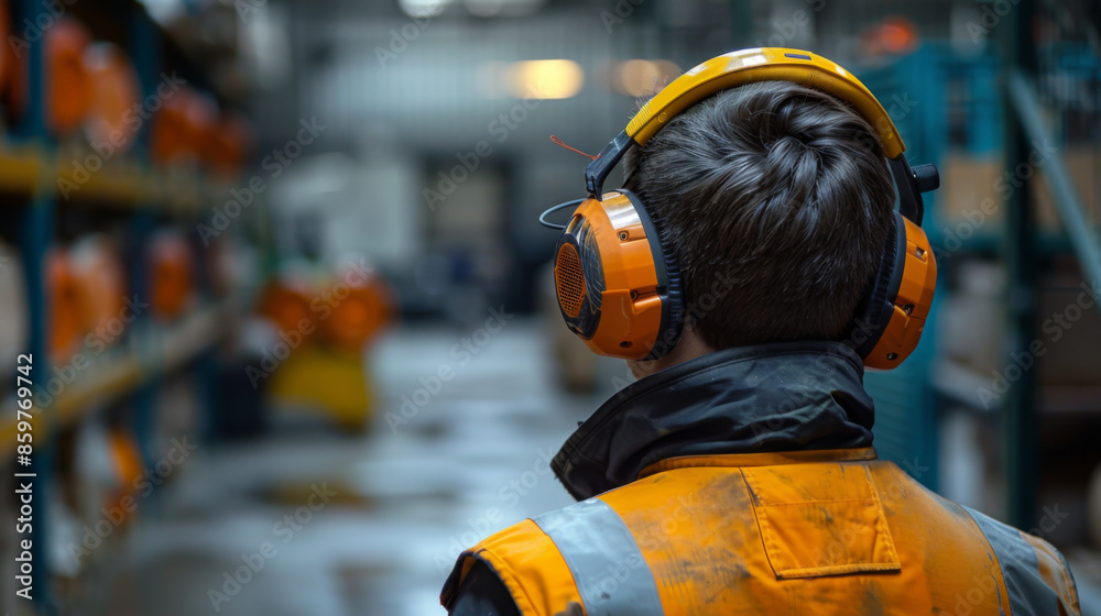 Back view of a worker in a warehouse wearing orange protective headphones and safety vest, ensuring noise protection.