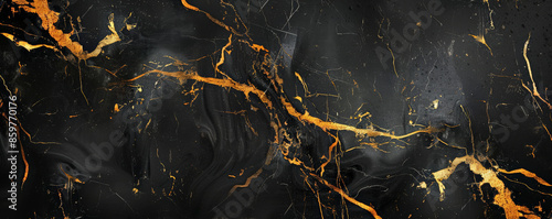 Marble abstract background with a luxurious black and gold color scheme. The gold veins are bold and prominent, adding a touch of opulence to the design photo