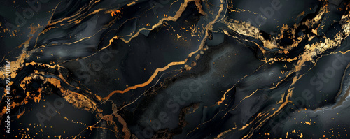 Marble abstract background with a luxurious black and gold color scheme. The gold veins are bold and prominent, adding a touch of opulence to the design photo