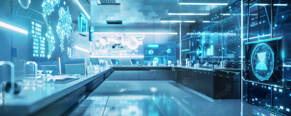 Medical background featuring a high-tech, futuristic lab setting with holographic medical data displays, and blue and white glowing elements for a modern feel. Medical background featuring a high-tech, futuristic lab setting with holographic medical data displays, and blue and white glowing elements for a modern feel.