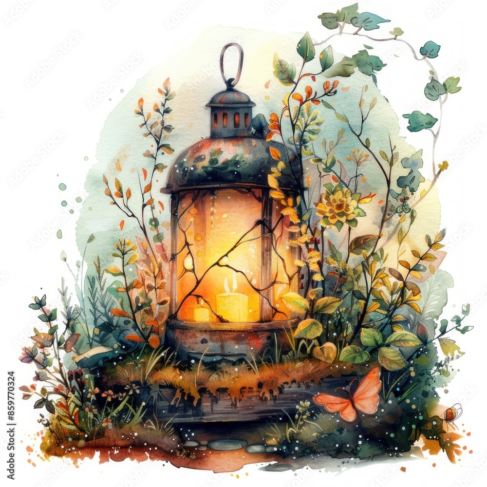 A glowing lantern sits amidst a lush, green foliage with butterflies. The warm light shines through the glass, casting a magical glow. A glowing lantern sits amidst a lush, green foliage with butterflies. The warm light shines through the glass, casting a magical glow.