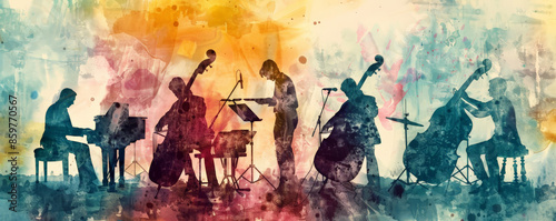 Mellow jazz music background with soft, muted tones and a watercolor effect. Silhouettes of musicians create a serene and calming atmosphere. photo