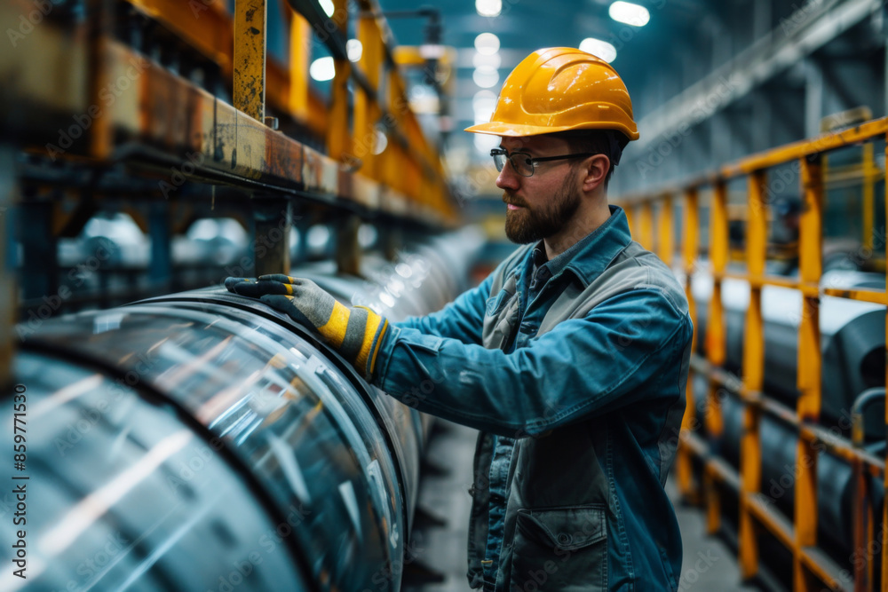 A factory worker in protective gear inspects large metal rolls in a manufacturing plant, ensuring quality and safety. A factory worker in protective gear inspects large metal rolls in a manufacturing plant, ensuring quality and safety.