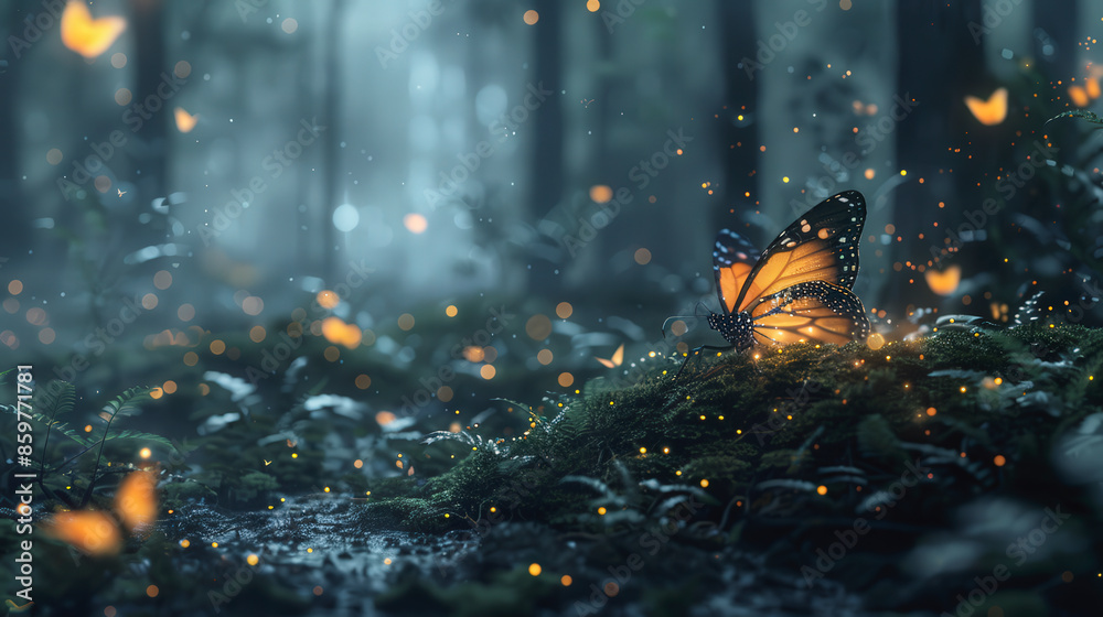 A magical forest glows softly with fireflies and illuminated butterflies, creating an enchanting and ethereal nighttime scene. A magical forest glows softly with fireflies and illuminated butterflies, creating an enchanting and ethereal nighttime scene.