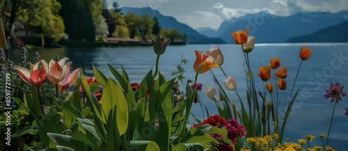 Stunning Natural Landscape with Blooming Flowers by a Serene River, Blue Water Background, Mountains and Clouds