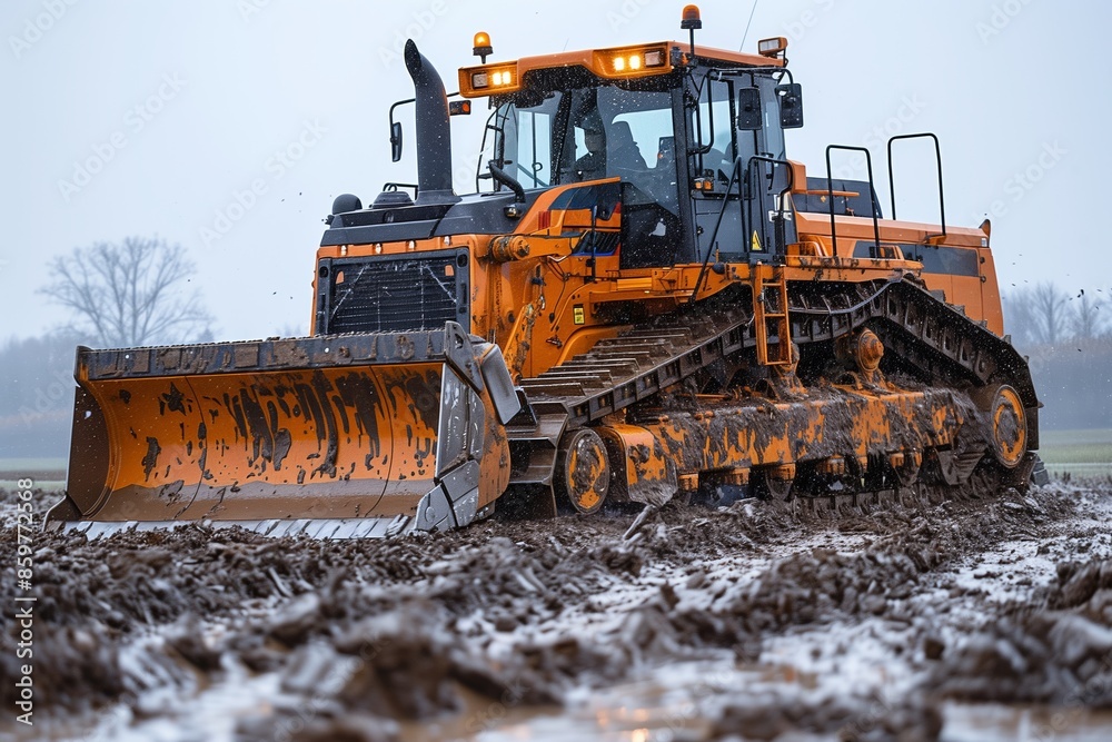 Large Yellow Bulldozer Moving Through Mud on a Cloudy Day Large Yellow Bulldozer Moving Through Mud on a Cloudy Day