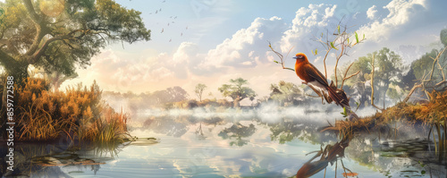 Phoenix bird background featuring a tranquil lake scene, with the bird reflected in the water. The backdrop includes serene, natural elements like trees and a calm sky photo