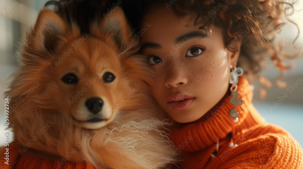 A close-up portrait of a woman and her fluffy dog, both wearing orange sweaters, showing a bond and fashion. A close-up portrait of a woman and her fluffy dog, both wearing orange sweaters, showing a bond and fashion.