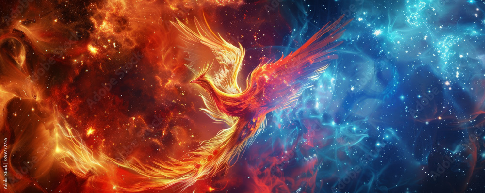 Phoenix bird background with a cosmic fire theme, featuring the bird surrounded by swirling flames of red, orange, and blue. The background is a deep space with stars and nebulae Phoenix bird background with a cosmic fire theme, featuring the bird surrounded by swirling flames of red, orange, and blue. The background is a deep space with stars and nebulae