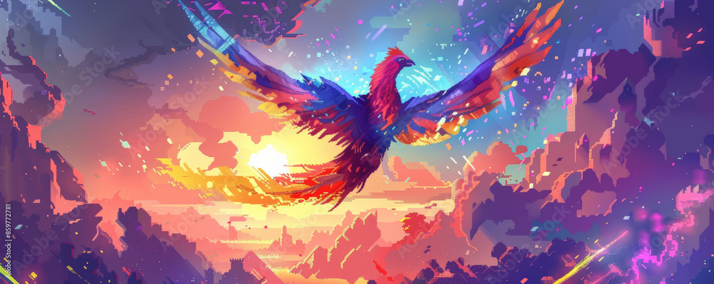 Phoenix bird background with a digital pixel art design, showcasing the bird in vibrant pixelated colors. The backdrop includes retro game elements and a glowing sky Phoenix bird background with a digital pixel art design, showcasing the bird in vibrant pixelated colors. The backdrop includes retro game elements and a glowing sky