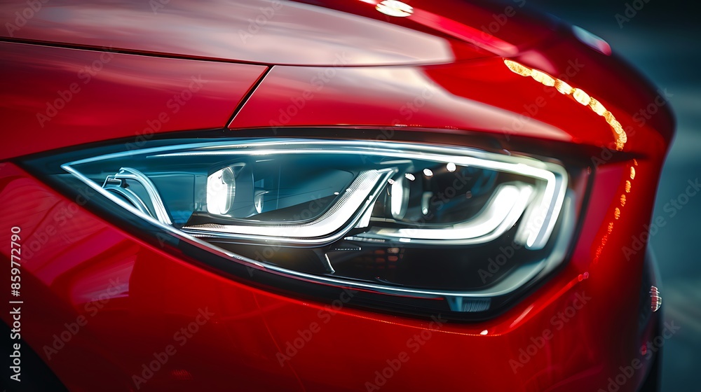Macro view of car headlight of modern red car Macro view of car headlight of modern red car
