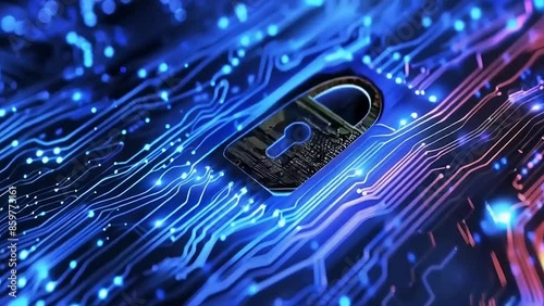 Technology Security Lock Prevents Hacking, Blue to Black Transition, Chip Information Background