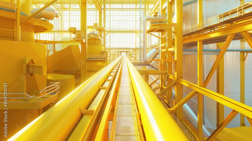 Sugarcane conveyor belt in a clean, advanced sugar factory, highlighting safety protocols, AI, digital illustration Sugarcane conveyor belt in a clean, advanced sugar factory, highlighting safety protocols, AI, digital illustration