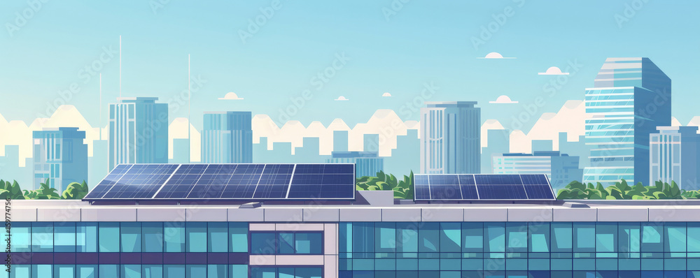 Solar energy background featuring a modern eco-friendly office building ...