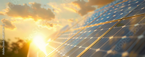 Solar energy background featuring a close-up of solar panels with the sun shining brightly above. The image highlights the efficiency and potential of solar technology.