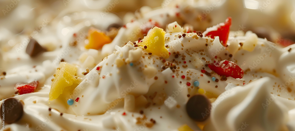 Close-up of fast food frozen yogurt showcasing detailed textures of the creamy yogurt and fresh toppings Close-up of fast food frozen yogurt showcasing detailed textures of the creamy yogurt and fresh toppings
