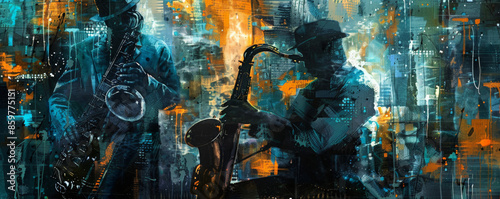 Urban jazz music background with a gritty, industrial aesthetic. Dark colors and sharp lines convey the raw energy of street jazz. photo