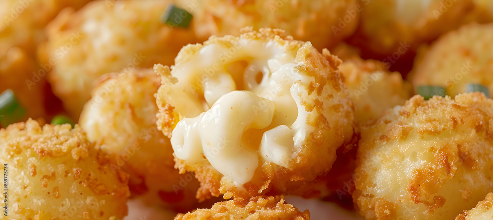 Close-up of fast food mac and cheese bites showcasing detailed textures of the crispy breading and creamy filling Close-up of fast food mac and cheese bites showcasing detailed textures of the crispy breading and creamy filling