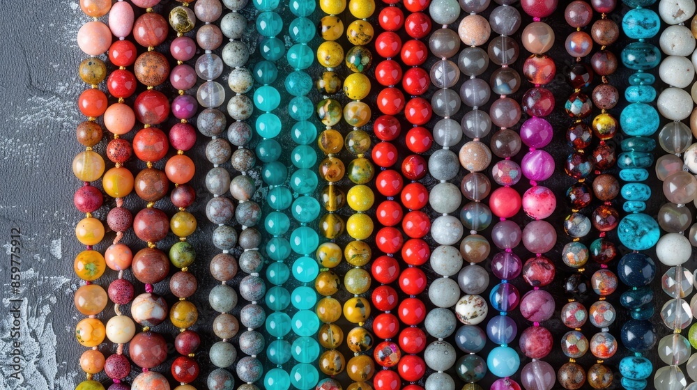 Variety of beads arranged vertically with room for text Creative flat lay for DIY and art Variety of beads arranged vertically with room for text Creative flat lay for DIY and art