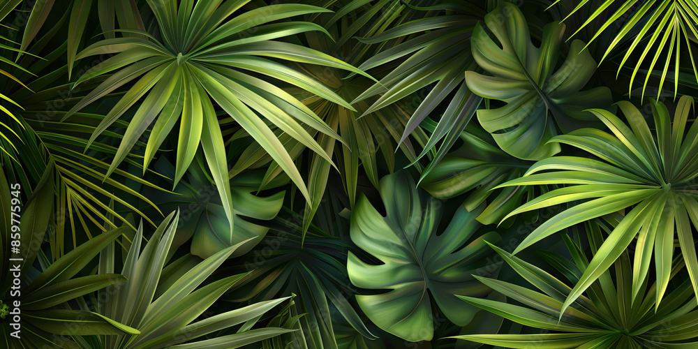 Fototapeta premium Tropical Leaves: Detailed Close-Up Texture of Lush Green Palm Leaves, Showcasing Intricate Veins and Patterns.