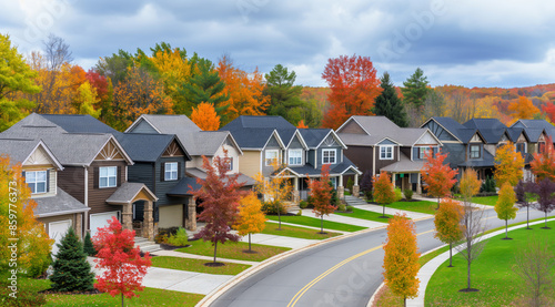 Fototapeta Naklejka Na Ścianę i Meble -  A picturesque suburban neighborhood in autumn, featuring rows of modern houses along a curved street. Colorful fall foliage in vibrant reds, oranges, and yellows frames the scene