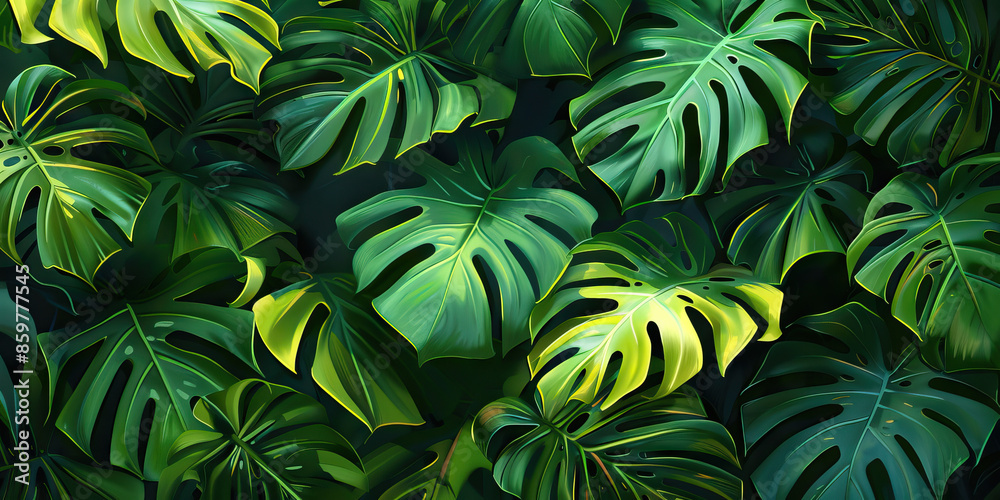 Rainforest Leaves: Close-Up Texture of Exotic Rainforest Foliage, Featuring Rich Greenery and Diverse Leaf Shapes Rainforest Leaves: Close-Up Texture of Exotic Rainforest Foliage, Featuring Rich Greenery and Diverse Leaf Shapes