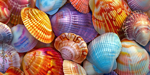 Coastal Shells: Detailed Close-Up Texture of Colorful Seashells, Evoking Memories of Seaside Treasures and Beachcombing Adventures