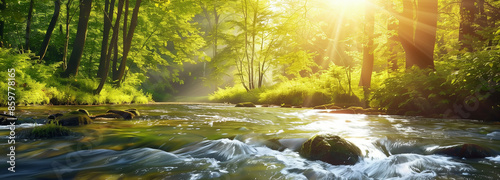 A serene river flowing through a lush, green forest with sunlight streaming through the trees, creating a peaceful and picturesque scene