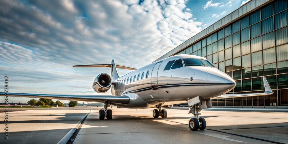 A sleek white private jet stands on a tarmac against a breathtaking sunset sky. Golden sunlight bathes the aircraft and the surrounding area. A sleek white private jet stands on a tarmac against a breathtaking sunset sky. Golden sunlight bathes the aircraft and the surrounding area.