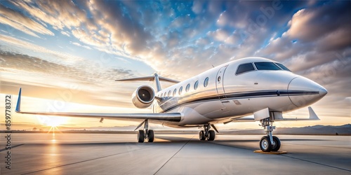 A sleek white private jet stands on a tarmac against a breathtaking sunset sky. Golden sunlight bathes the aircraft and the surrounding area.