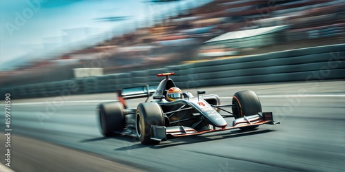 Formula One Racer Blazing the Track. A sleek Formula One race car speeds down the track, its aerodynamic design cutting through the air. The blurred background emphasizes the incredible velocity.