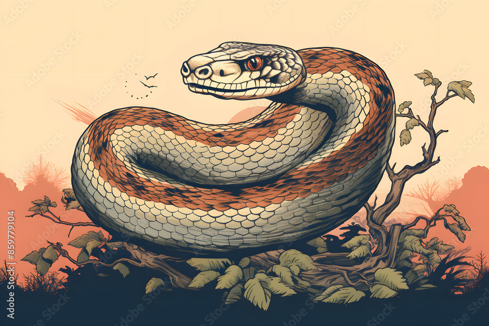 Obraz premium vintage style illustrated snake, illustrated snake, big snake