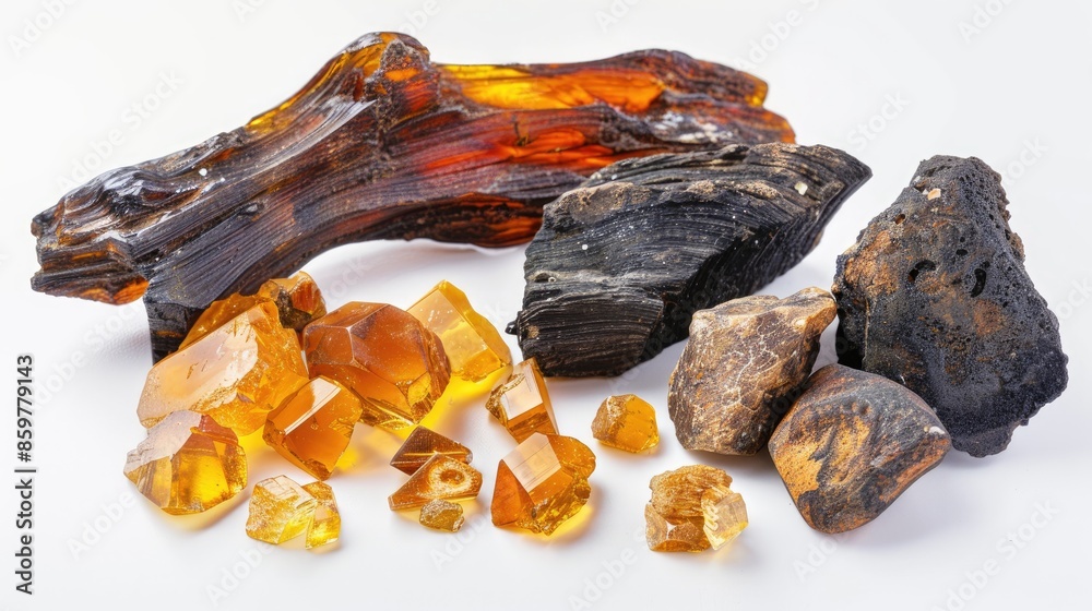 Fossilized wood and amber inclusions on a white background in ...